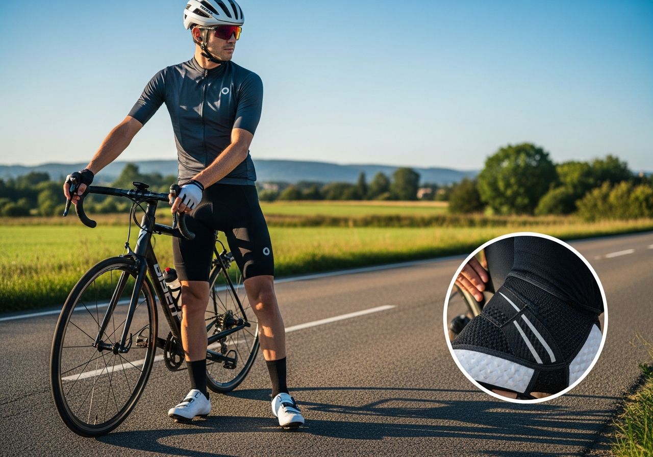 Cyklista v kompletním oblečení stojí u silničního kola na venkovské cestě za ranního světla