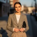 Mladá žena v krátkém žaketu stojí ve městě za zlaté hodiny, s výrazem a přirozeným líčením
