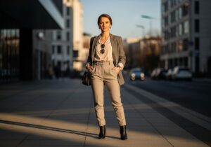 Stylová drobná žena v městském prostředí za zlaté hodiny v elegantním oblečení a kotníkových botách