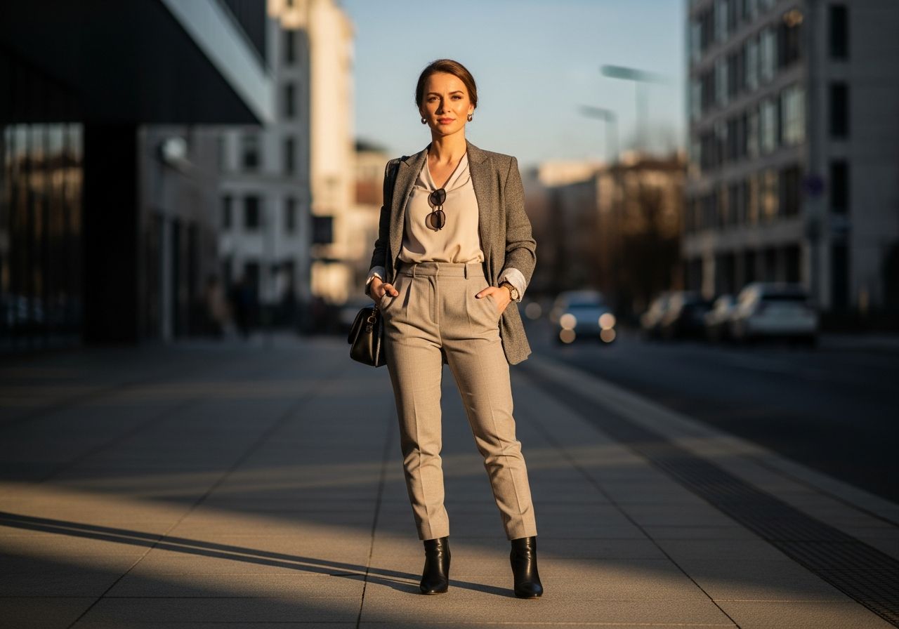 Stylová drobná žena v městském prostředí za zlaté hodiny v elegantním oblečení a kotníkových botách