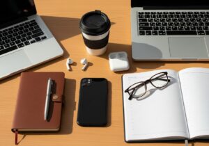 Moderní pracovní stůl s notebookem, telefonem, kávou, poznámkovým blokem, náušnicemi a brýlemi z vrchu