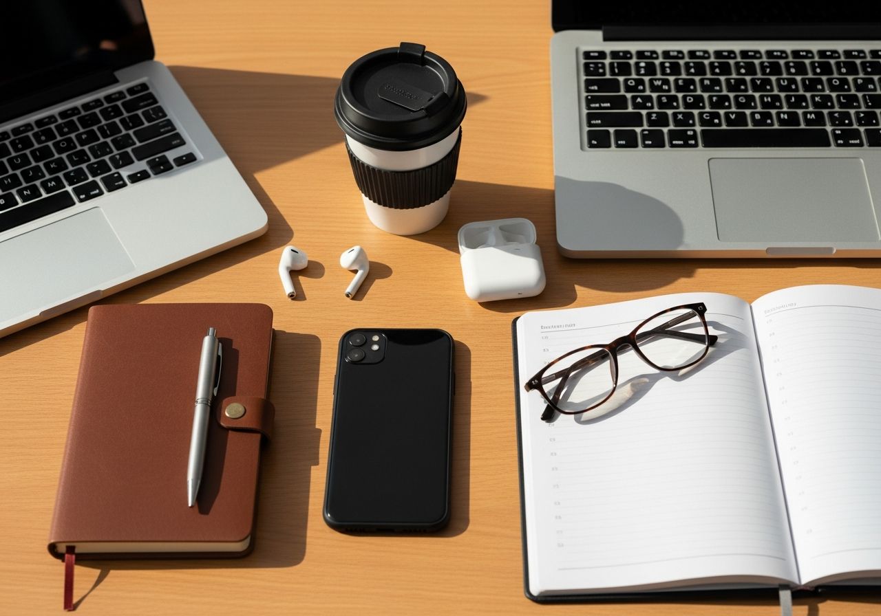 Moderní pracovní stůl s notebookem, telefonem, kávou, poznámkovým blokem, náušnicemi a brýlemi z vrchu