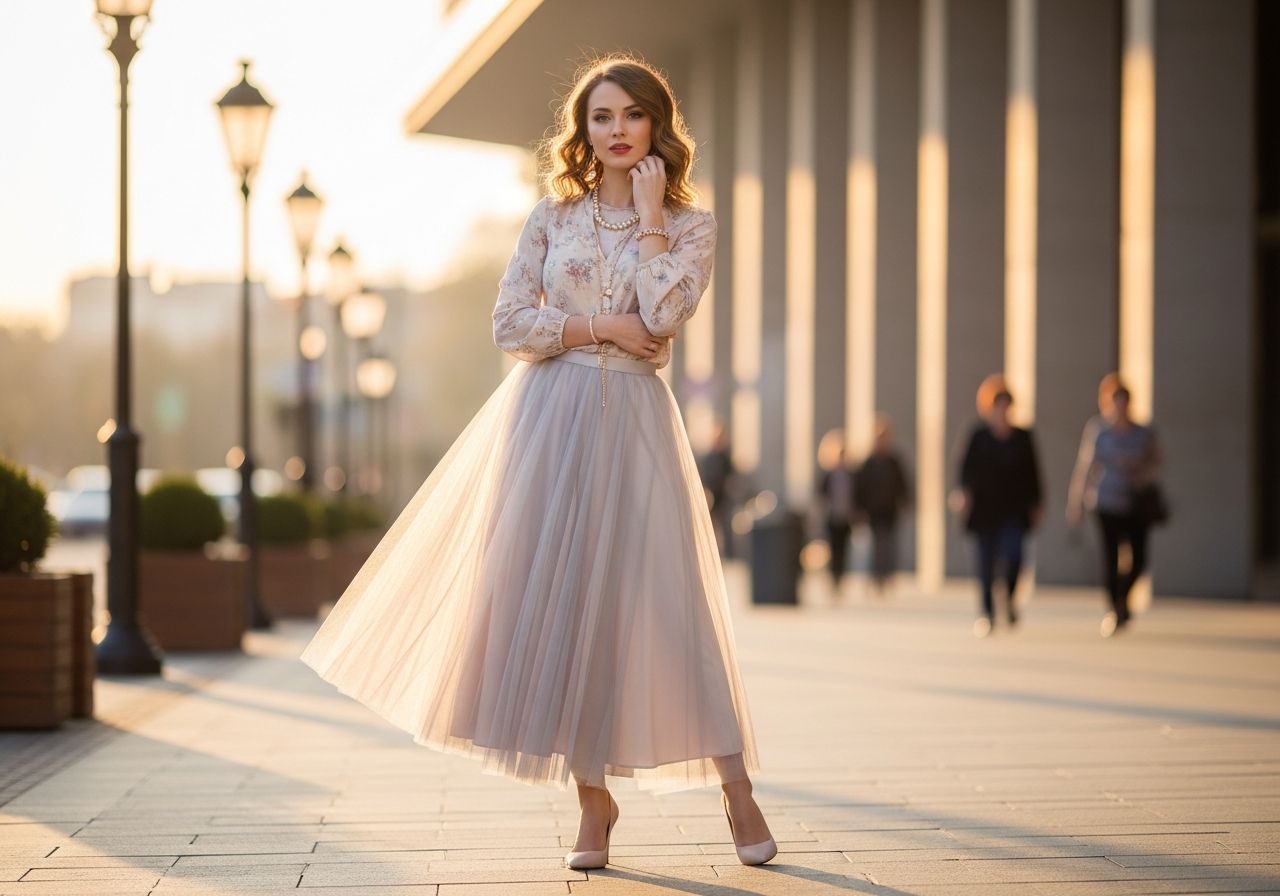 Stylová žena v pastelové tylové sukni a elegantní blůze ve městě za zlaté hodiny.