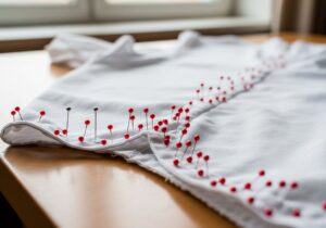 Bílá šaty na dřevěném stole s červenými špendlíky podél okrajů v přirozeném světle