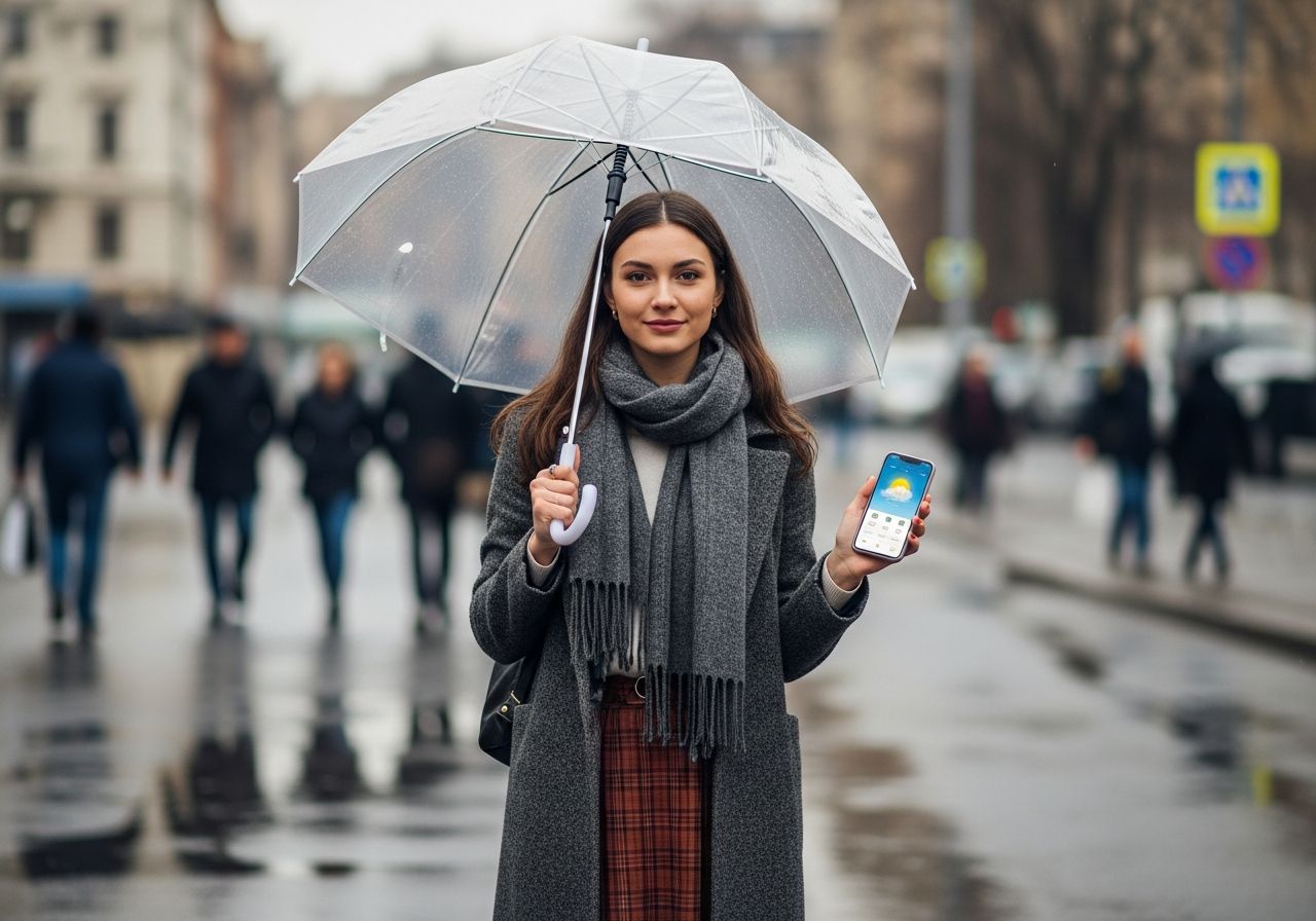 Mladá žena s průhledným deštníkem a telefonem s aplikací počasí na městské ulici.