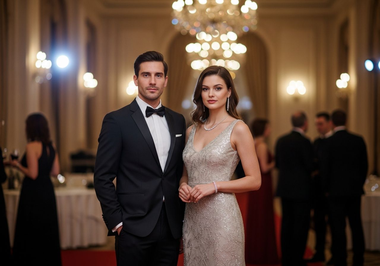 Muž v černém smokingu a žena v večerních šatech stojí na gala předávání cen v luxusním prostředí