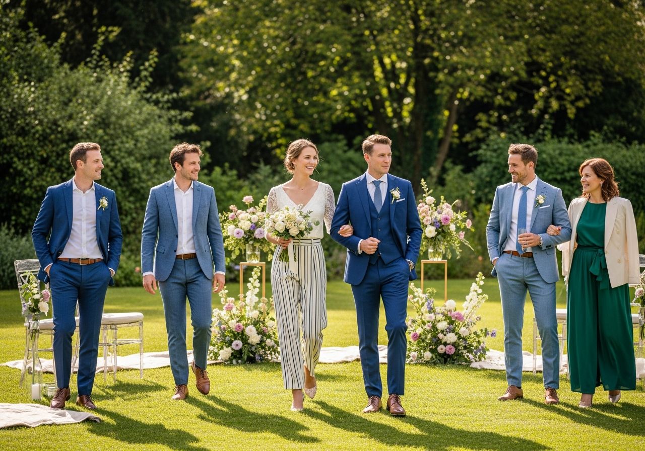 Moderní svatba venku s párem a hosty v elegantních kalhotách v zahradě s květinami.