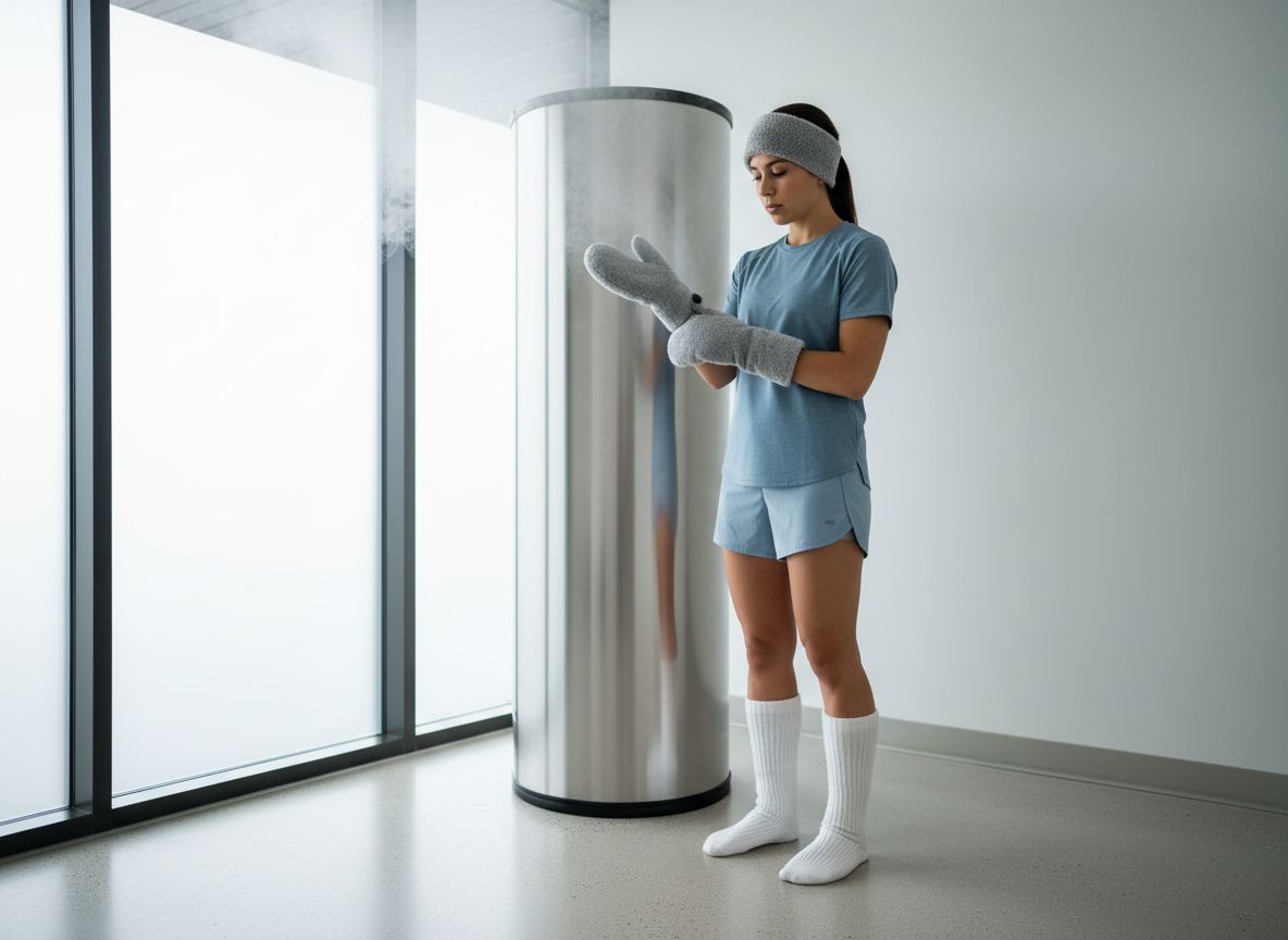 Osoba připravující se na kryoterapii v moderní klinice, oblečená v zimním oblečení upravujíc rukavice.