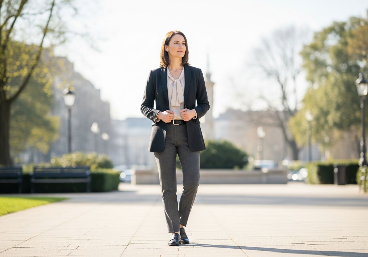 Stylová žena v tmavém oblečení stojí v moderním městském parku za dne