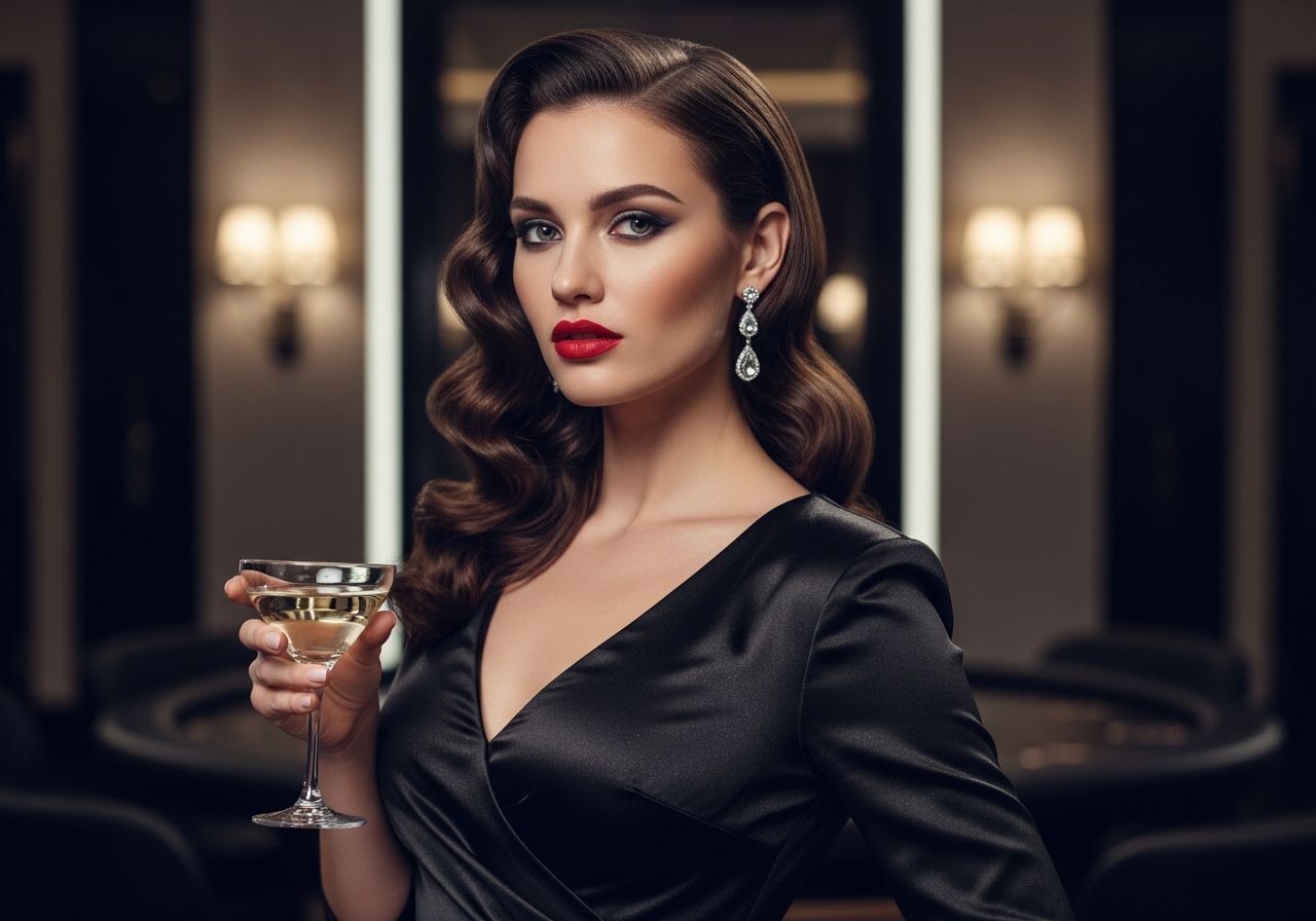 Elegantní žena ve večerních šatech s koktejlem v luxusním interiéru ve stylu Bond girl