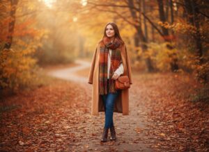Mladá žena v podzimním oblečení s kabátem a šálou stojí na cestě v parku plném listí