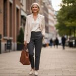 Stylová padesátiletá žena v béžovém saku drží koženou tašku na městské ulici za denního světla.