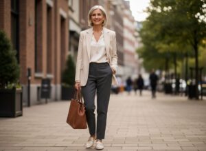 Stylová padesátiletá žena v béžovém saku drží koženou tašku na městské ulici za denního světla.
