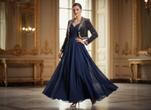Elegantní žena ve večerních šatech a sako stojí v luxusním interiéru s mramorovou podlahou.