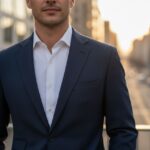 Muž v tmavě modrém saka a bílé košili stojí s městským pozadím při zlaté hodině