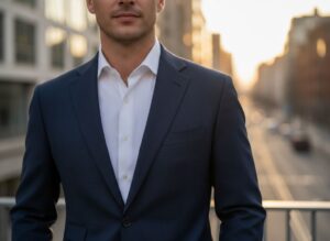 Muž v tmavě modrém saka a bílé košili stojí s městským pozadím při zlaté hodině